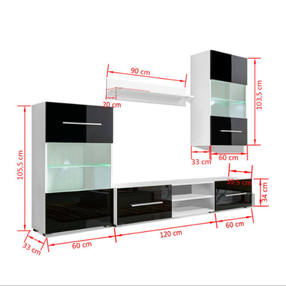 Mur Bibliothèque TV Laqué Noir et Blanc - 240 cm