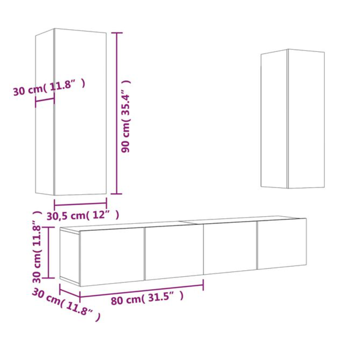 Meuble TV Effet Bois Chêne Fumé - Rangement 4 Pièces
