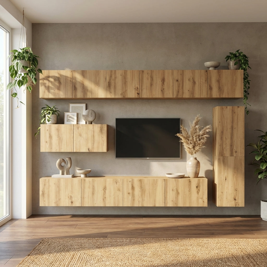 bibliotheque-meuble-tv-modulable-effet-chene-artisanal-7-pieces-decor