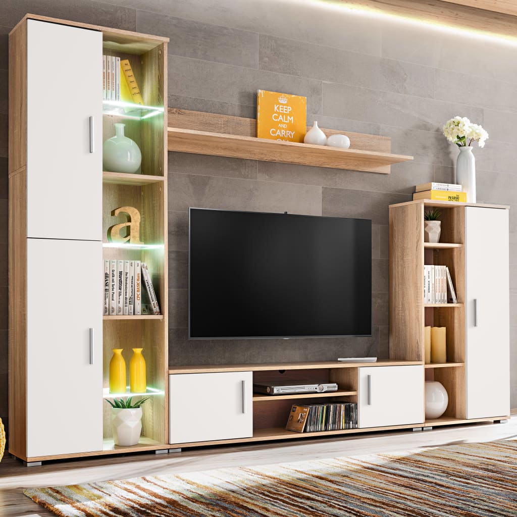 Bibliothèque TV Intégrée Effet Chêne Sonoma - 260 cm-Mon Meuble TV-Chêne et blanc-1-13