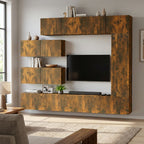 Bibliothèque TV Murale Effet Chêne Fumé - 7 Pièces