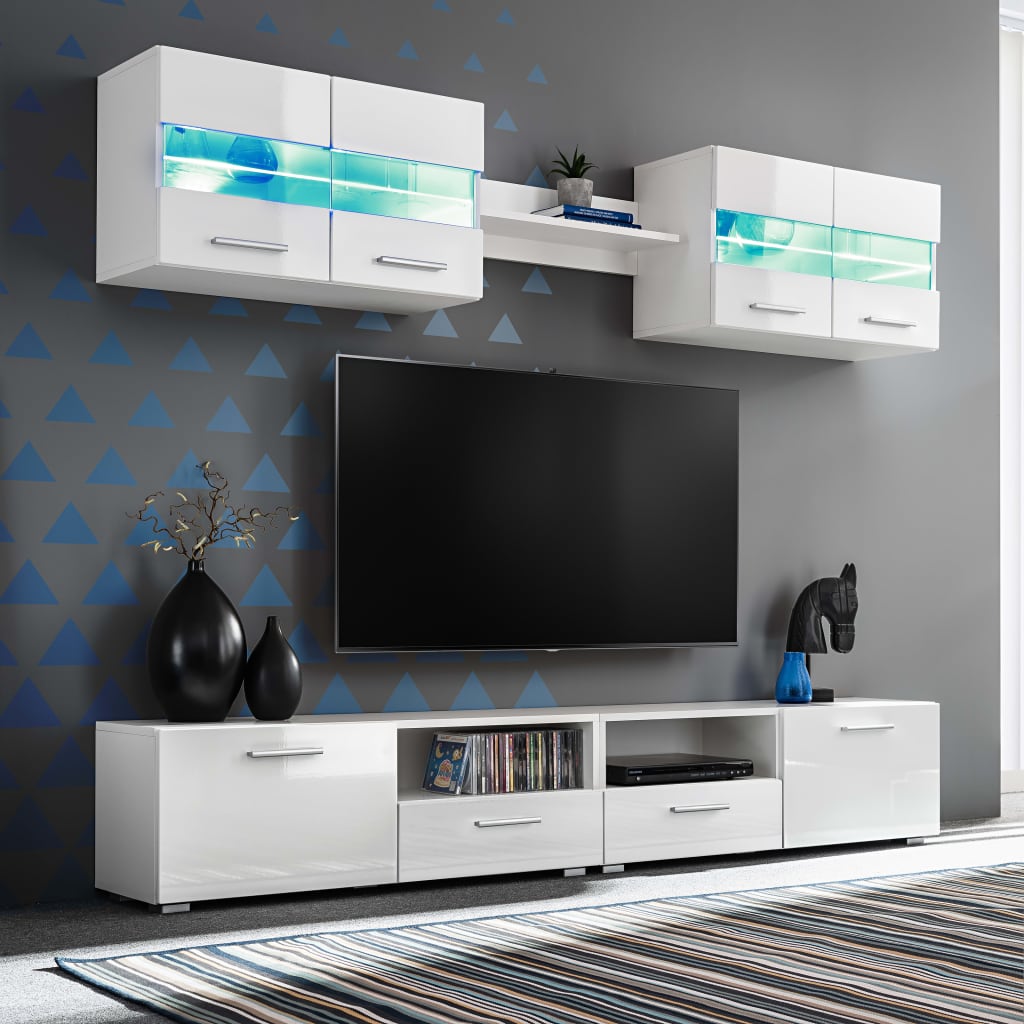 Ensemble Meuble TV LED Noir Brillant - 5 Pièces-Mon Meuble TV-Blanc-1-10