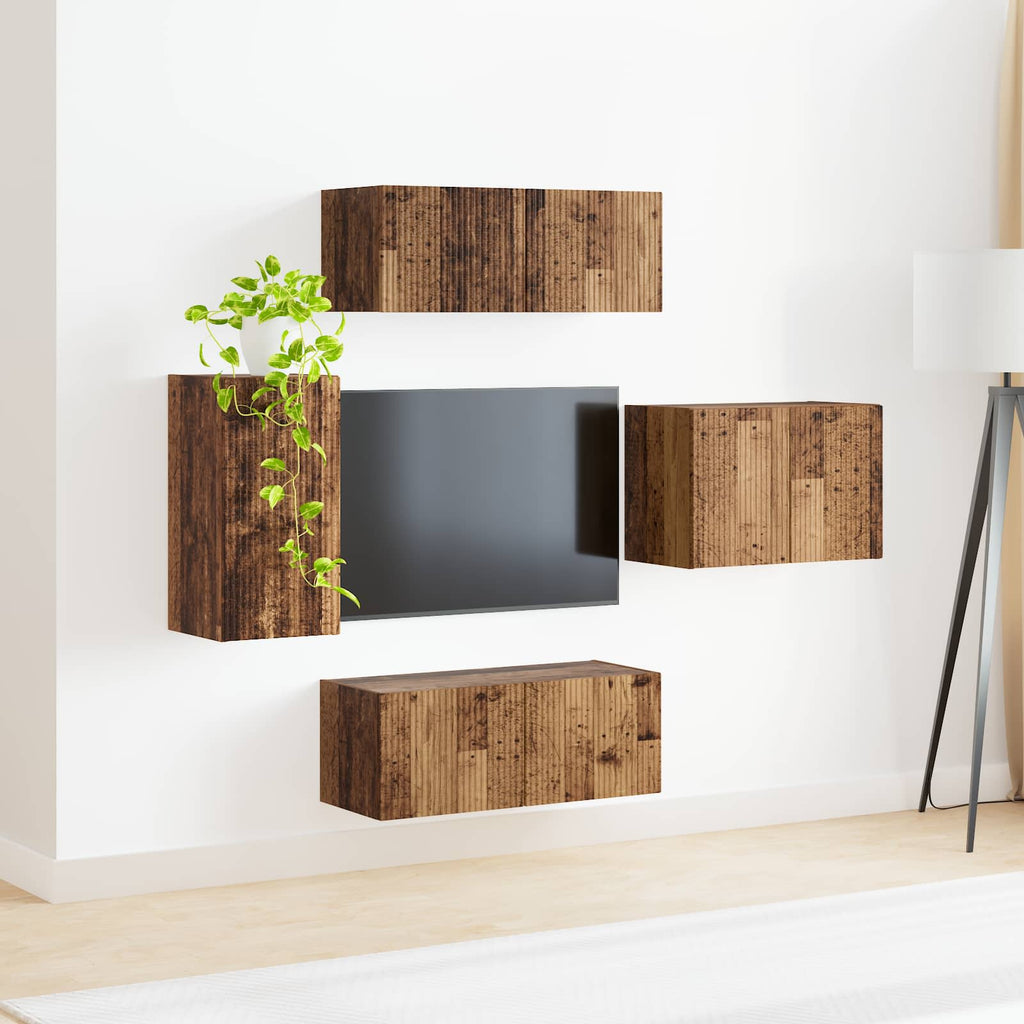 Ensemble Meuble TV Mural en Bois Ancien - 4 Pièces-Mon Meuble TV-Bois ancien-4