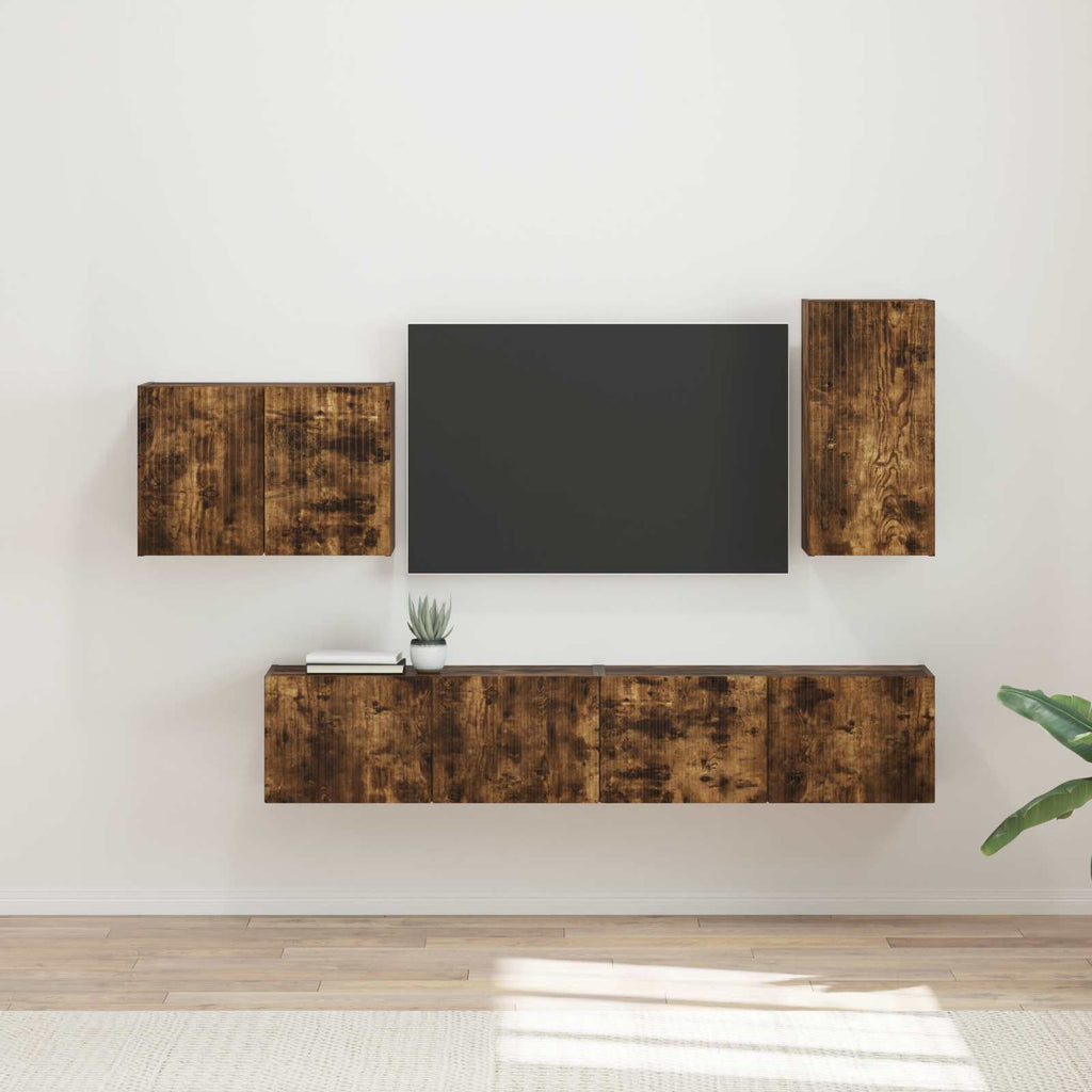 Ensemble Meuble TV Mural en Bois Ancien - 4 Pièces-Mon Meuble TV-Chêne fumé-16
