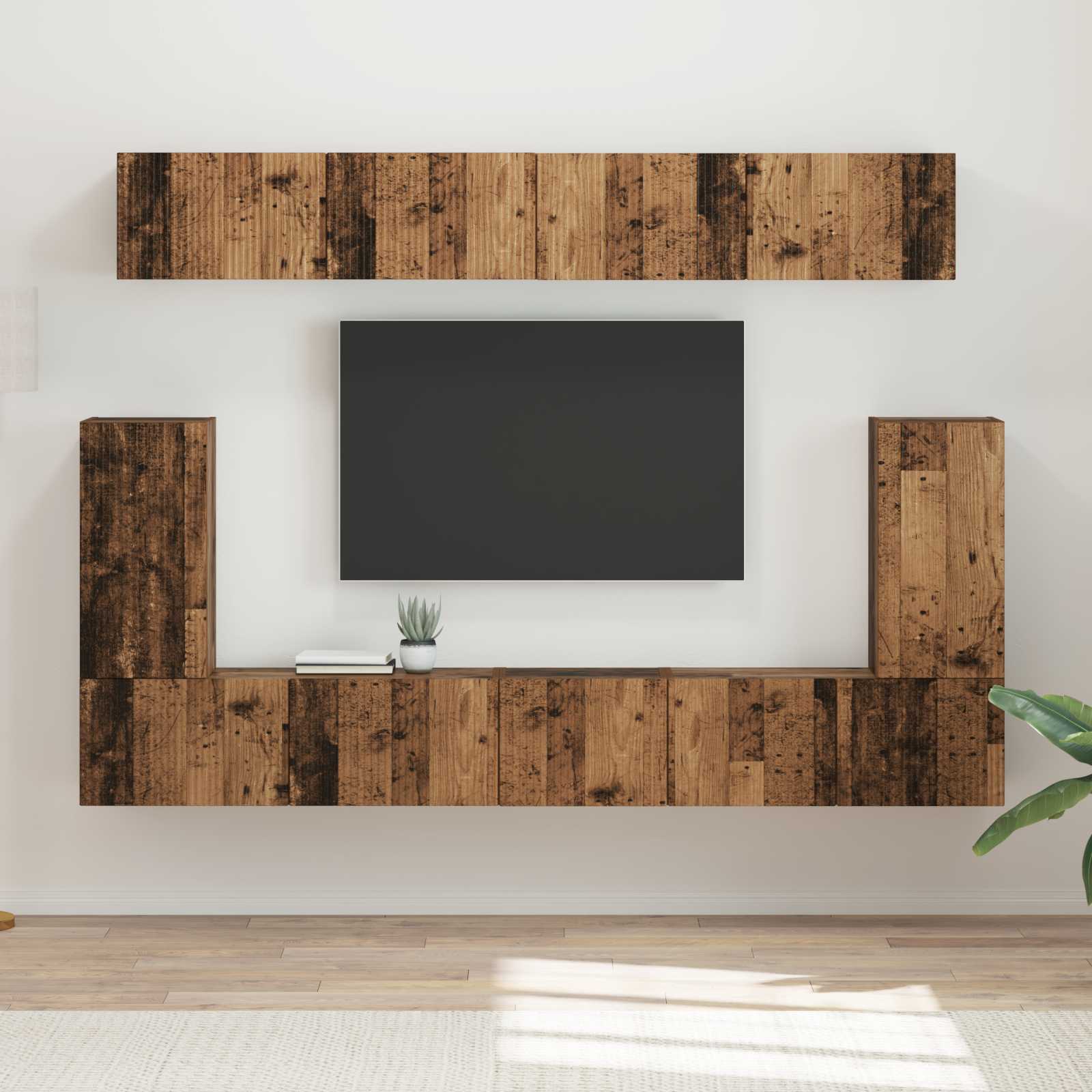 Ensemble TV Mural Effet Bois Ancien - 5 Pièces-Mon Meuble TV-2