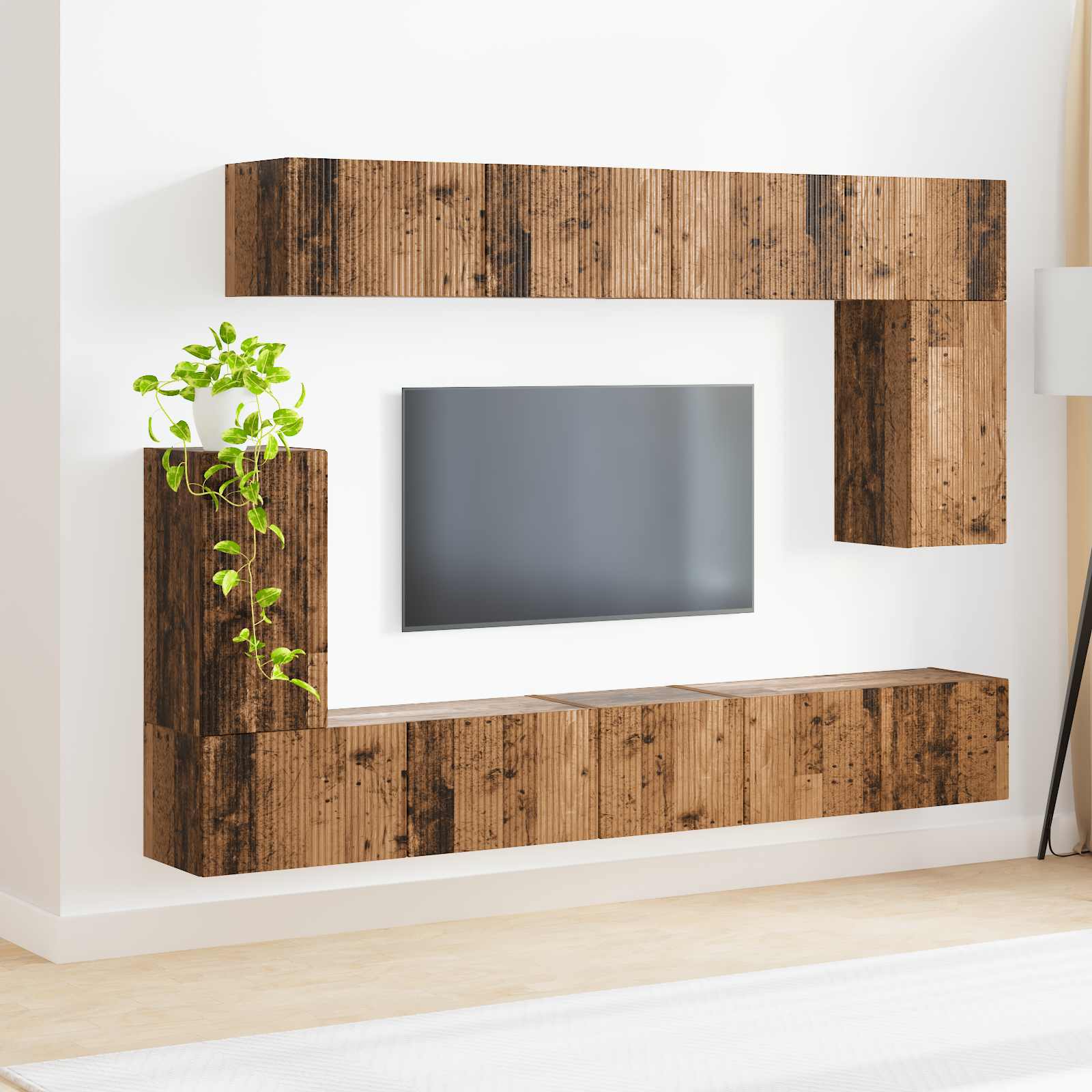 Ensemble TV Mural Effet Bois Ancien - 5 Pièces-Mon Meuble TV-4