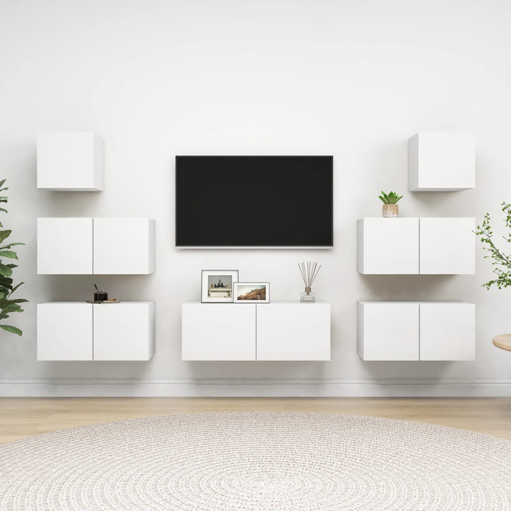 Grand Meuble TV Bibliothèque Suspendu Gris Béton - 7 Pièces-Mon Meuble TV-Blanc-80 cm-7-14