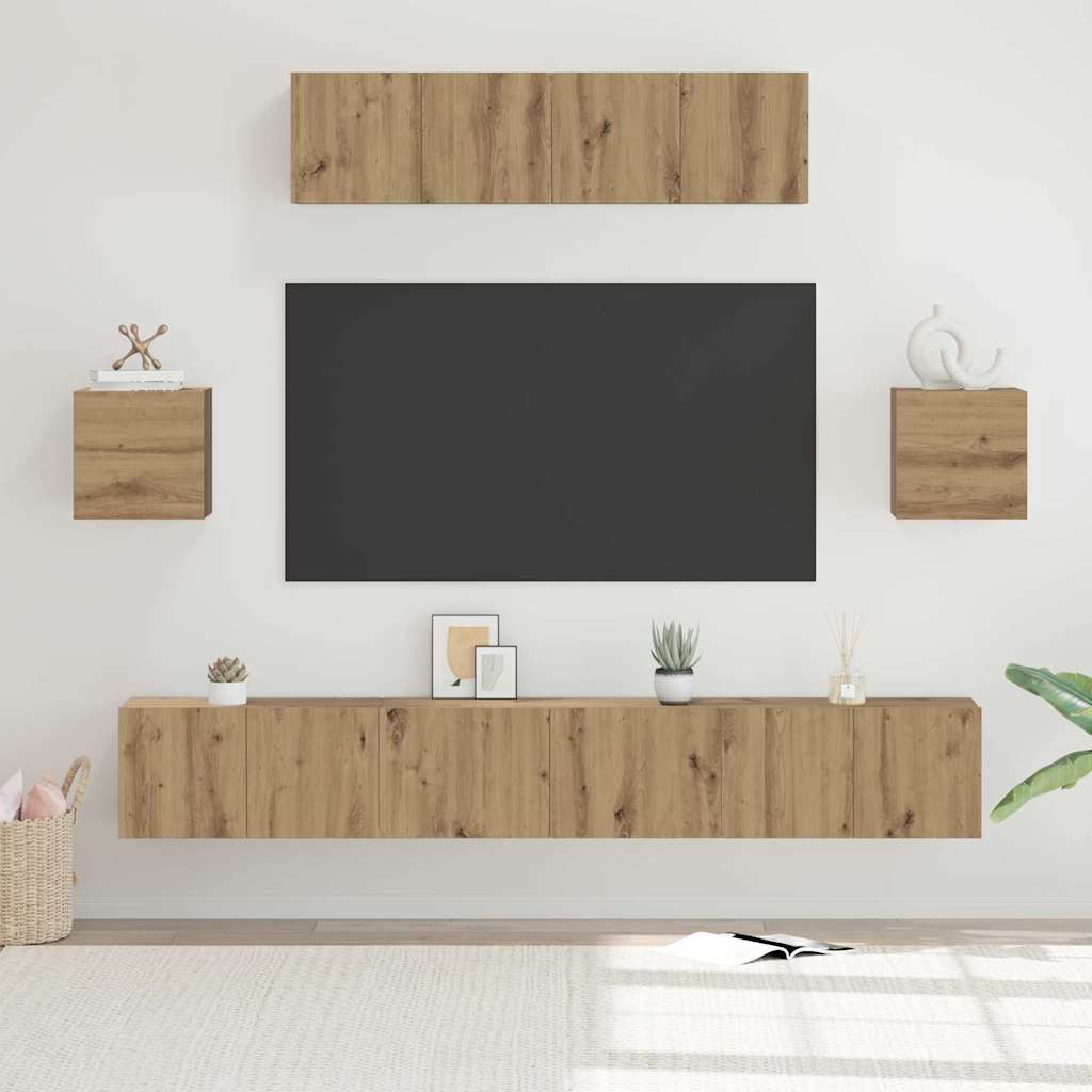 Grand Meuble TV Bibliothèque Suspendu Gris Béton - 7 Pièces-Mon Meuble TV-chêne artisanal-80 cm-7-21