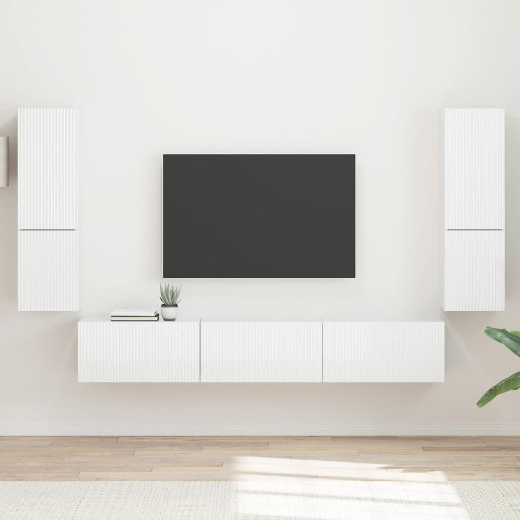 Grand Meuble TV Suspendu Effet Bois Ancien - 4 Pièces-Mon Meuble TV-Blanc brillant-16