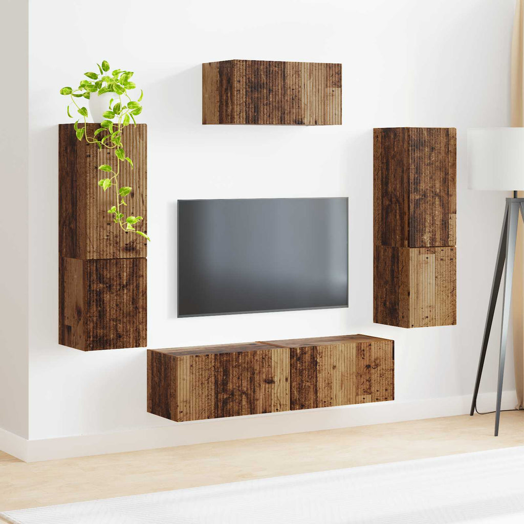 Grand Meuble TV Suspendu Effet Bois Ancien - 4 Pièces-Mon Meuble TV-Bois ancien-4