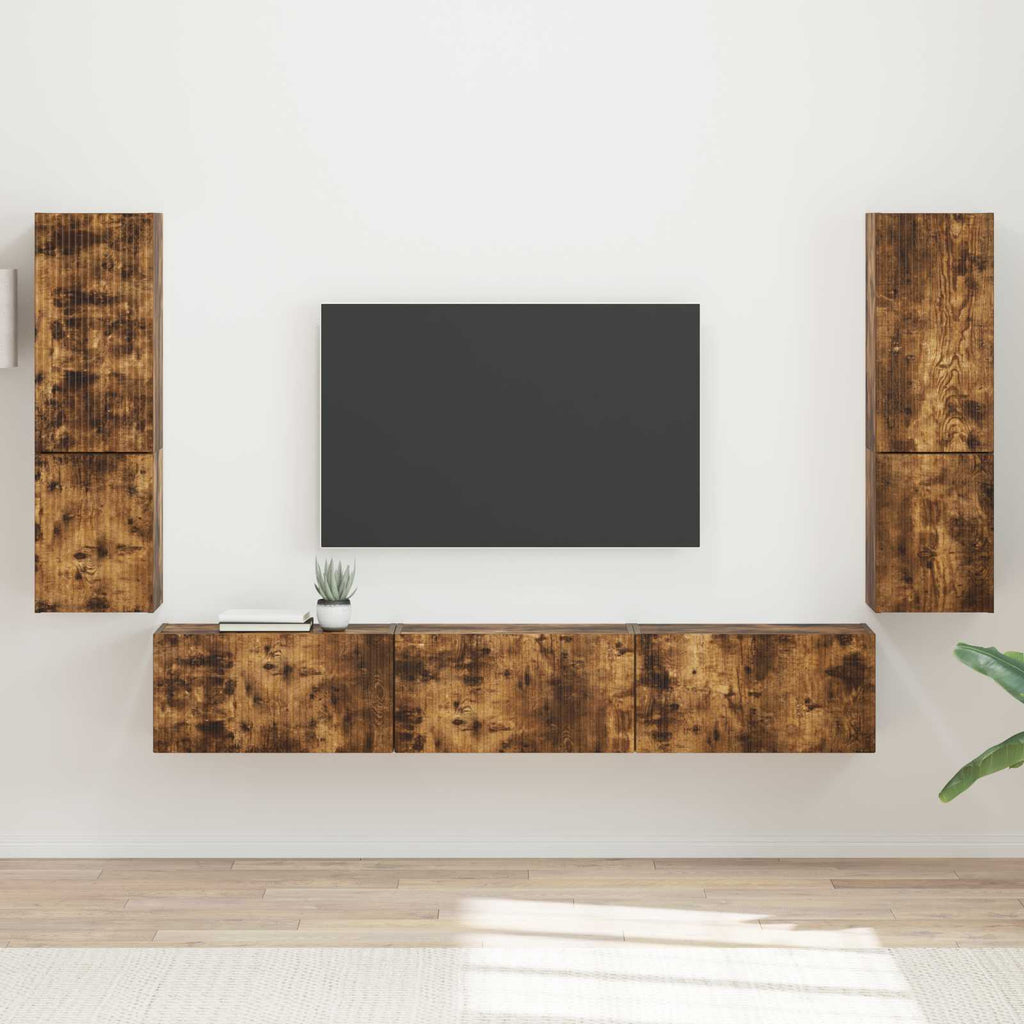 Grand Meuble TV Suspendu Effet Bois Ancien - 4 Pièces-Mon Meuble TV-Chêne fumé-17