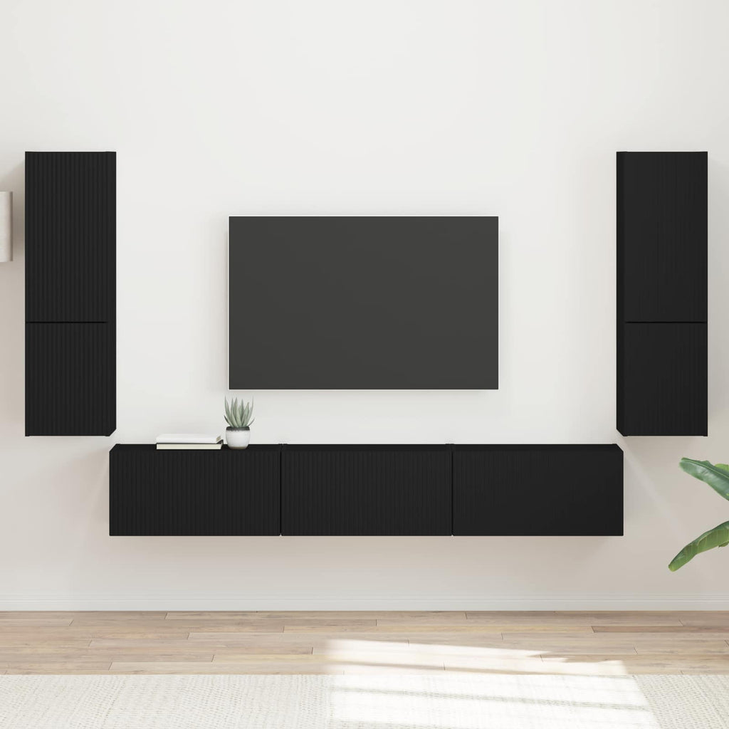 Grand Meuble TV Suspendu Effet Bois Ancien - 4 Pièces-Mon Meuble TV-Noir-21