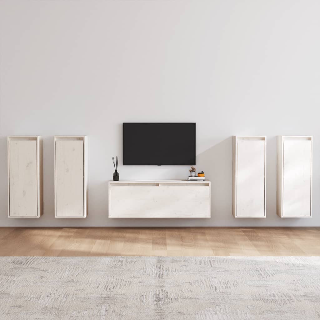 Long Meuble TV en Bois Massif de Pin - 5 Pièces-Mon Meuble TV-Blanc-10