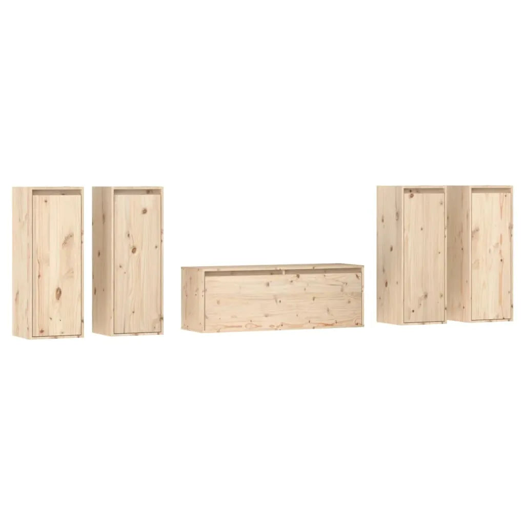 Long Meuble TV en Bois Massif de Pin - 5 Pièces-Mon Meuble TV-Naturel-1