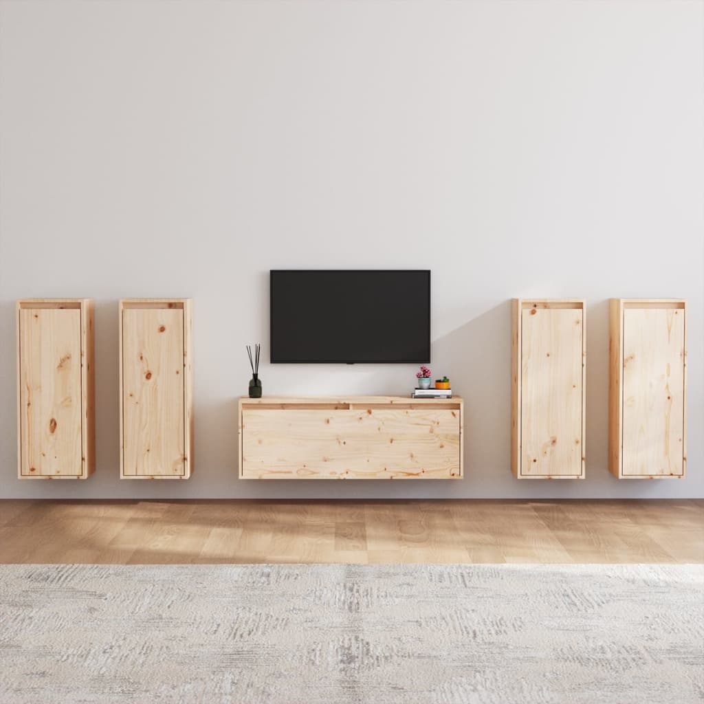 Long Meuble TV en Bois Massif de Pin - 5 Pièces-Mon Meuble TV-Naturel-2