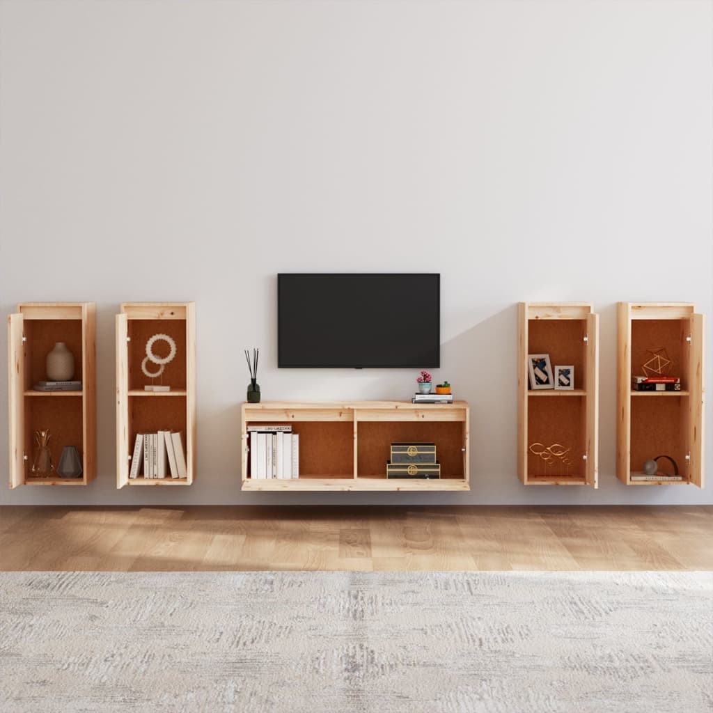 Long Meuble TV en Bois Massif de Pin - 5 Pièces-Mon Meuble TV-Naturel-3