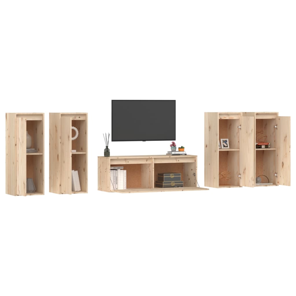 Long Meuble TV en Bois Massif de Pin - 5 Pièces-Mon Meuble TV-Naturel-4