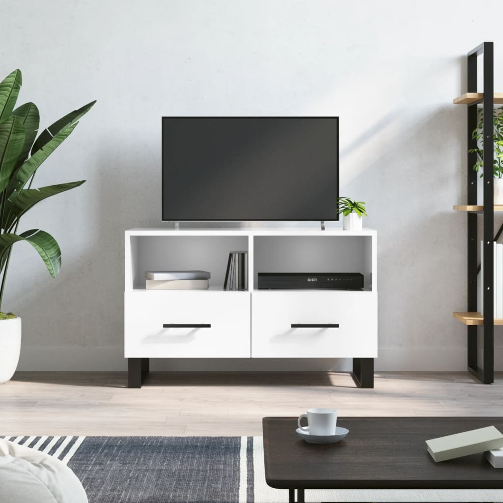 Meuble de TV Gris Effet Sonoma et Métal - 80 cm-Mon Meuble TV-Blanc brillant-1-14
