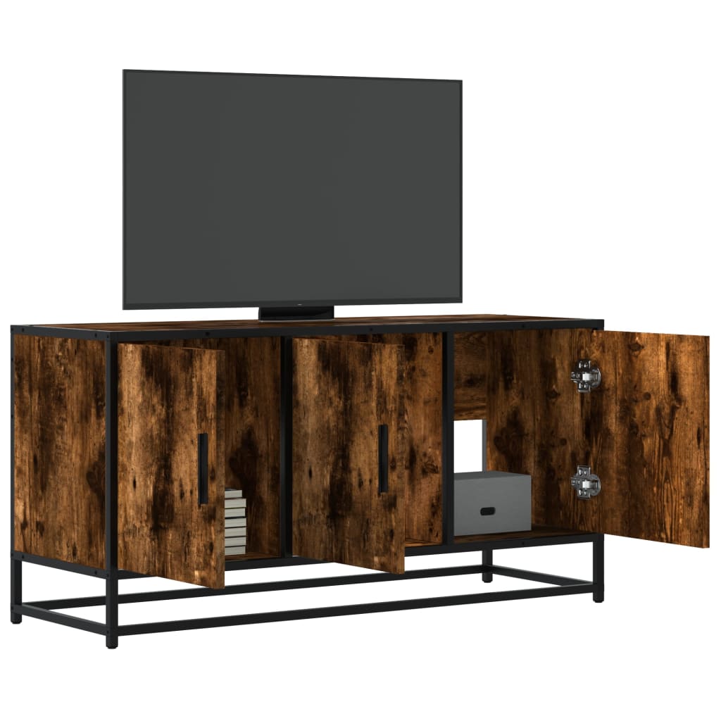 Meuble Télé Industriel Finition Bois Noir - 100 cm-Mon Meuble TV-Chêne fumé-1-11