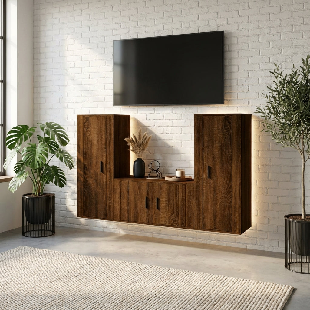 meuble-tv-140-cm-suspendu-effet-chene-marron-3-pieces-decor