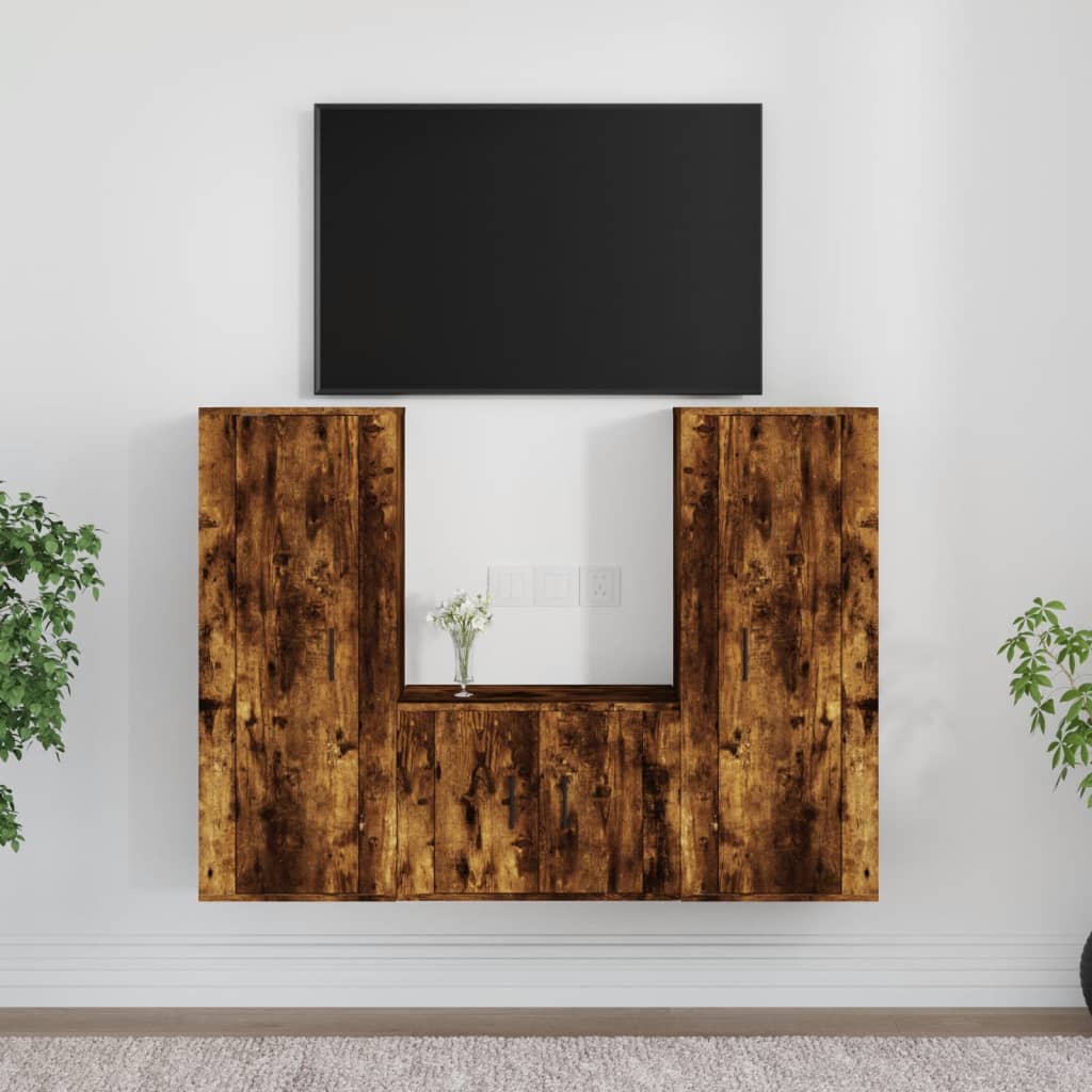 Meuble TV 140 cm Suspendu Effet Chêne Marron - 3 Pièces-Mon Meuble TV-Chêne fumé-3-11
