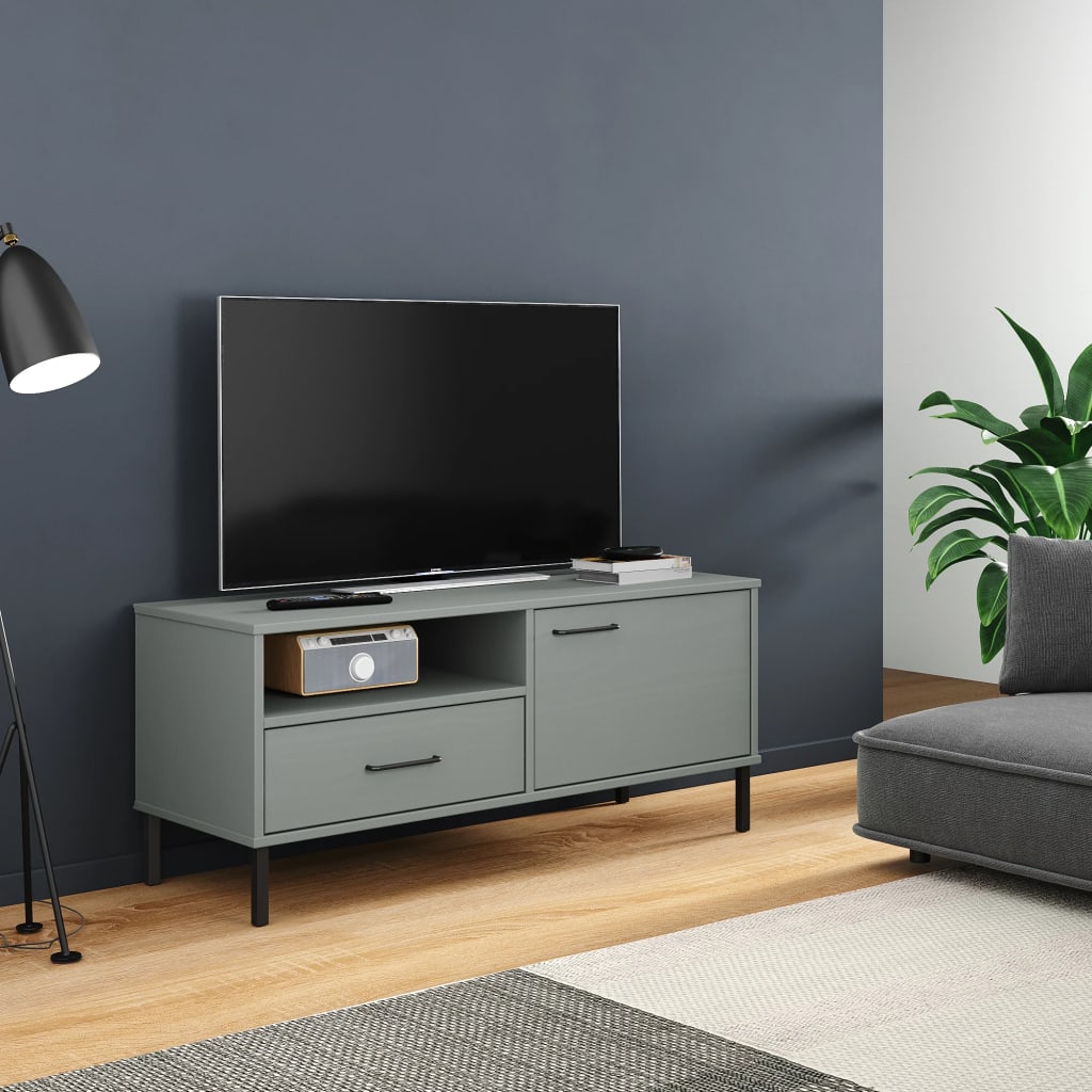 Meuble TV avec Pieds en Métal en Pin Massif - 106 cm-Mon Meuble TV-Gris-2