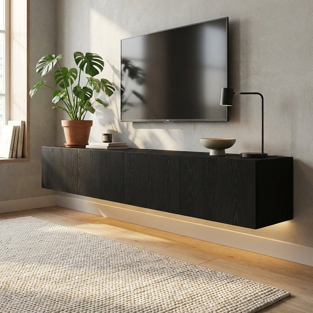 meuble-tv-bas-en-bois-effet-chene-noir-mural-decor