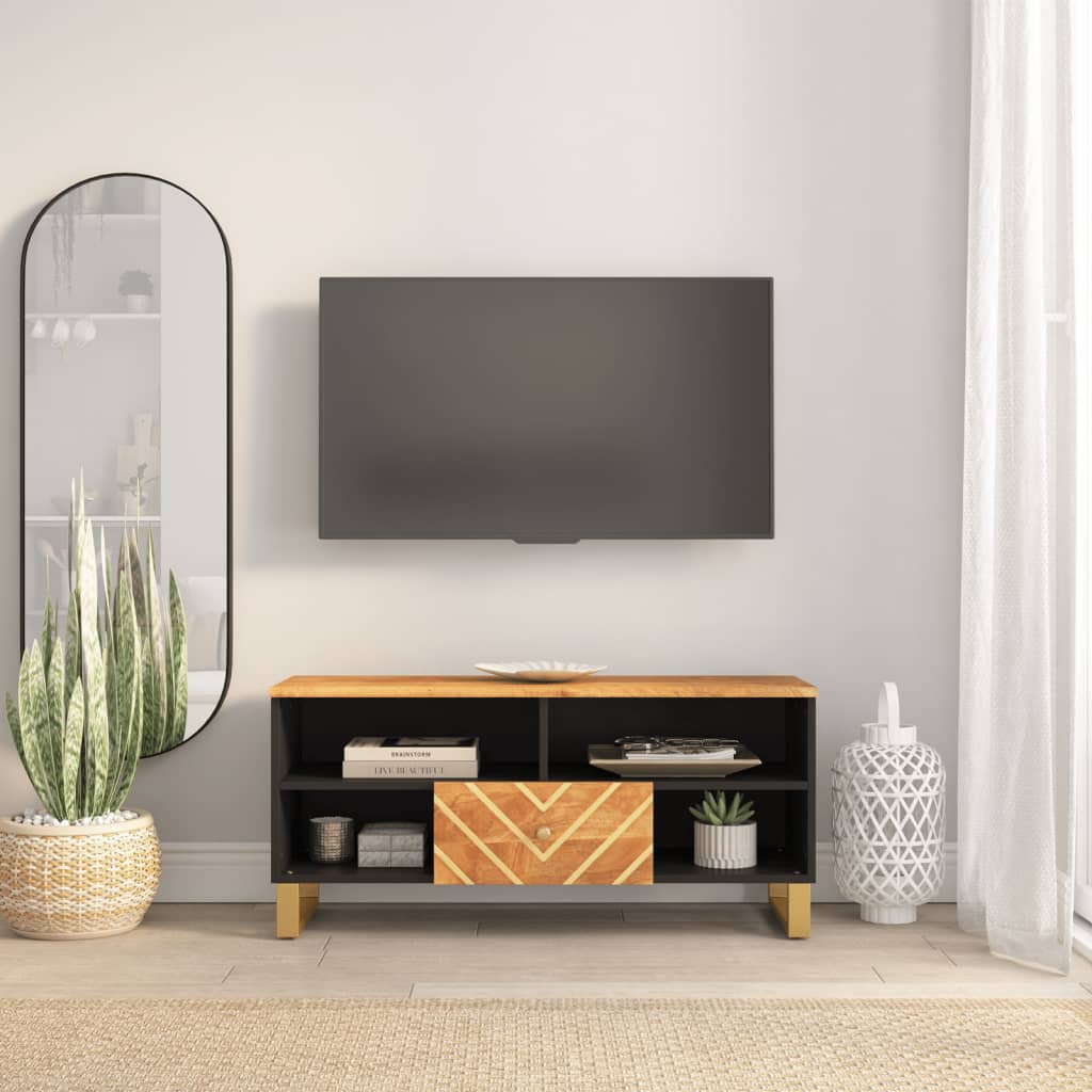 Meuble TV Bas Noir et Bois en Manguier Massif - 100 cm-Mon Meuble TV-1