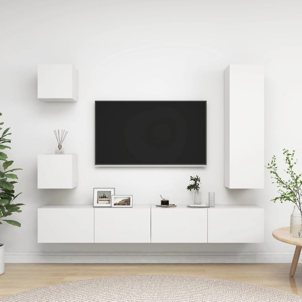 Meuble TV Bibliothèque en Bois Gris Béton - 5 Pièces-Mon Meuble TV-Blanc-110 cm-16