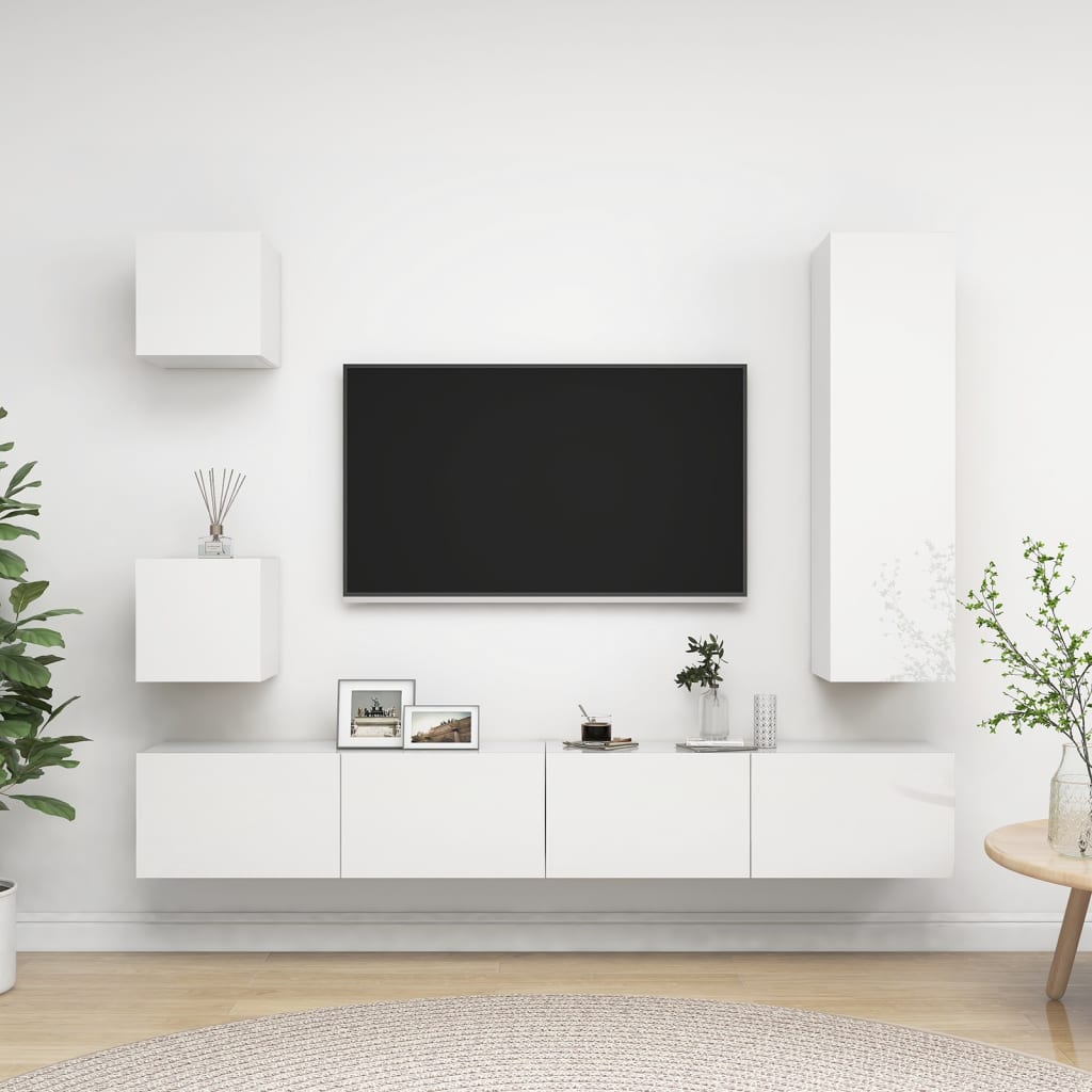 Meuble TV Bibliothèque en Bois Gris Béton - 5 Pièces-Mon Meuble TV-Blanc brillant-110 cm-12