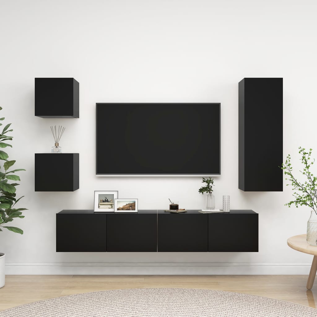 Meuble TV Bibliothèque en Bois Gris Béton - 5 Pièces-Mon Meuble TV-Noir-90 cm-10