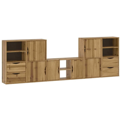 Meuble TV Bibliothèque en Bois Massif de Pin - 5 Pièces-Mon Meuble TV-Naturel-7 étagères 3 tiroirs-1