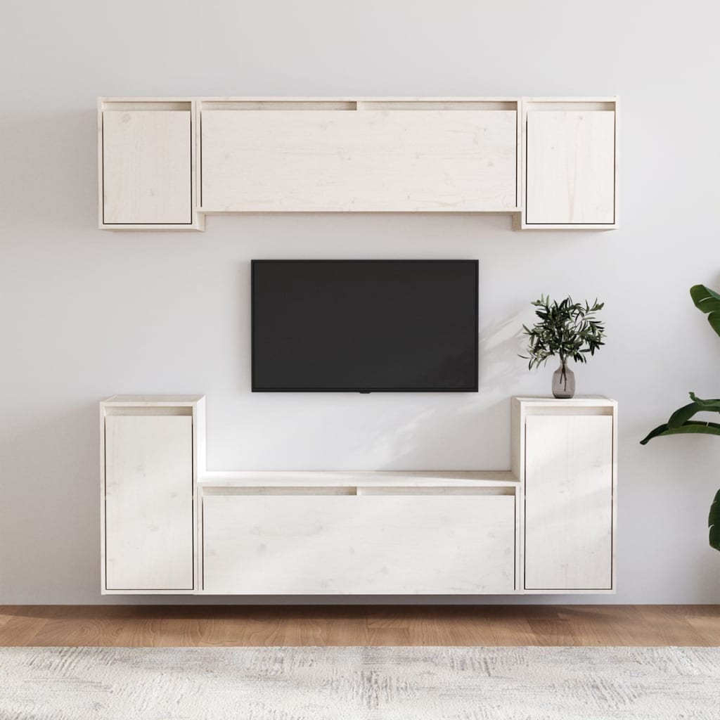 Meuble TV Blanc 160 cm en Pin Massif - 6 Pcs-Mon Meuble TV-Blanc-2
