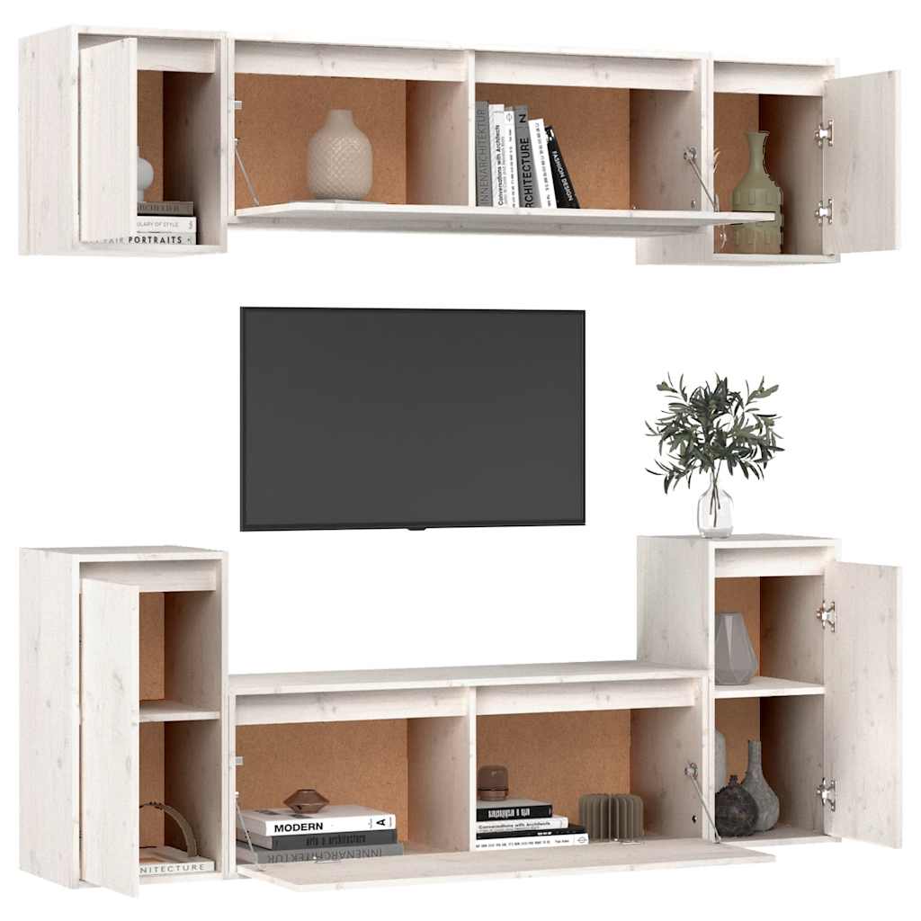 Meuble TV Blanc 160 cm en Pin Massif - 6 Pcs-Mon Meuble TV-Blanc-4