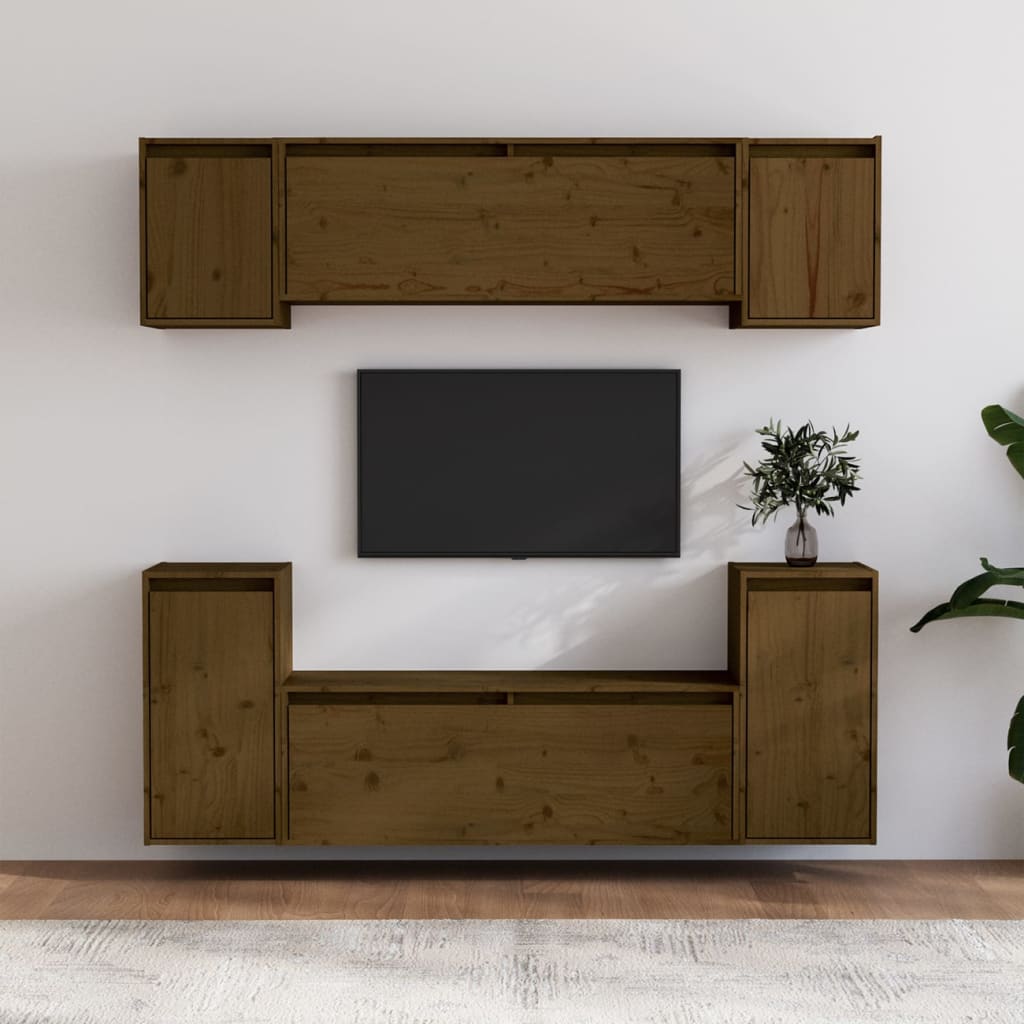 Meuble TV Blanc 160 cm en Pin Massif - 6 Pcs-Mon Meuble TV-Marron miel-12