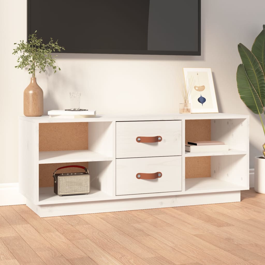 Meuble TV Blanc Bas en Pin Massif - 100 cm-Mon Meuble TV-Blanc-1-1