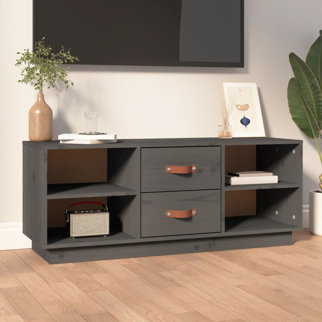 Meuble TV Blanc Bas en Pin Massif - 100 cm-Mon Meuble TV-Gris-1-11