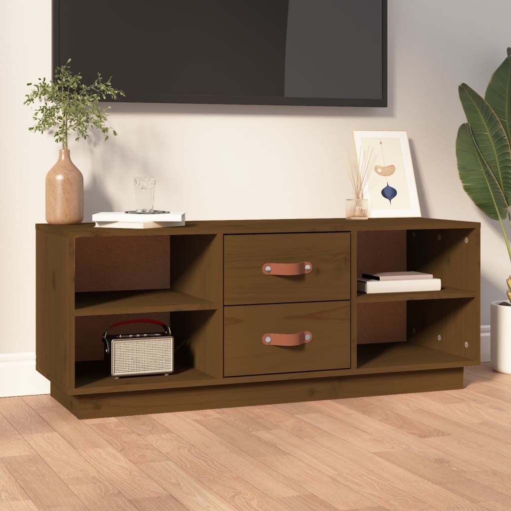 Meuble TV Blanc Bas en Pin Massif - 100 cm-Mon Meuble TV-marron miel-1-12