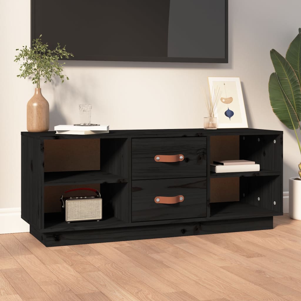 Meuble TV Blanc Bas en Pin Massif - 100 cm-Mon Meuble TV-Noir-1-13
