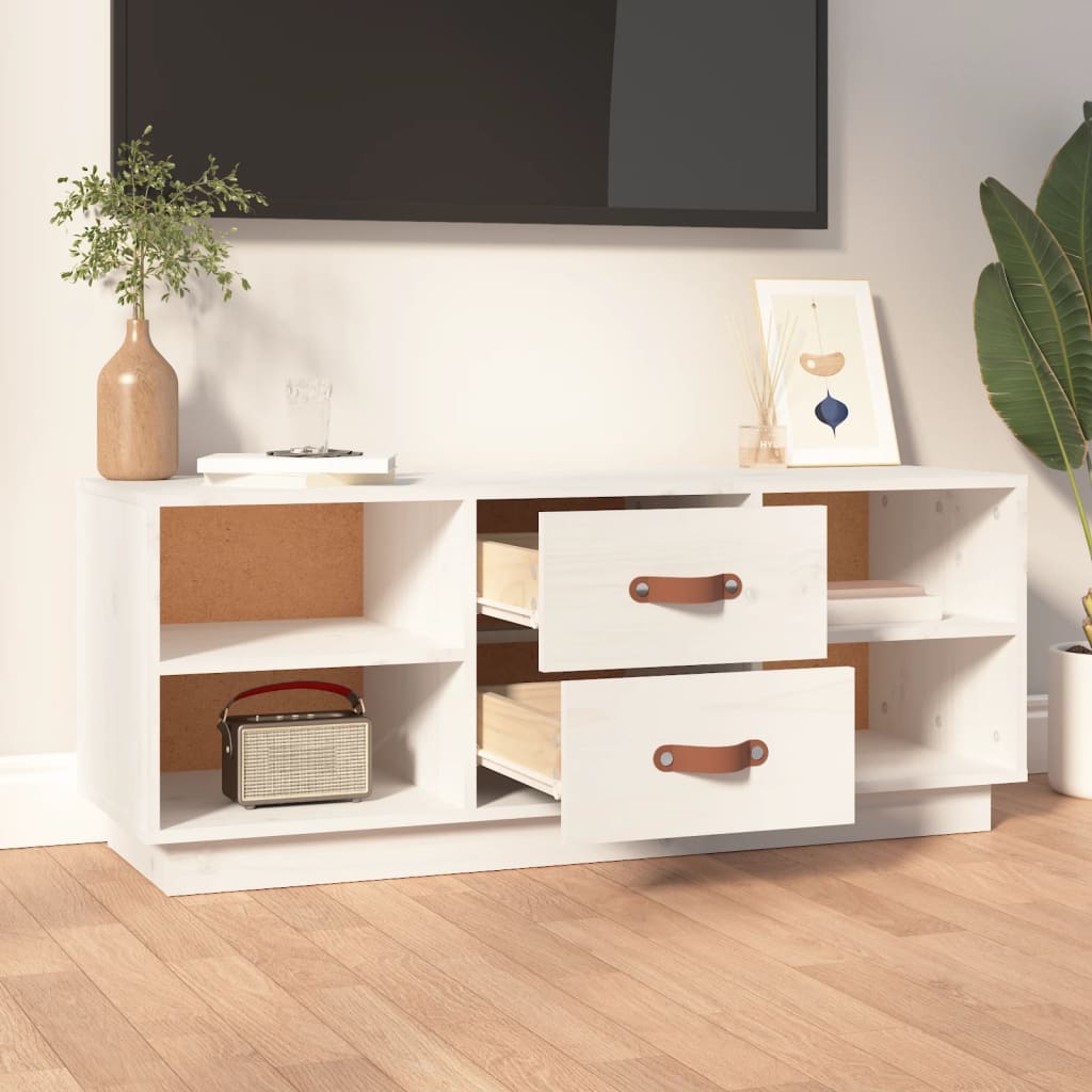 Meuble TV Blanc Bas en Pin Massif - 100 cm-Mon Meuble TV-Noir-1-3
