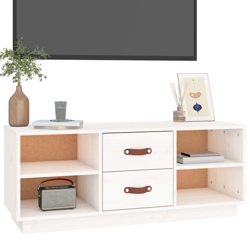 Meuble TV Blanc Bas en Pin Massif - 100 cm-Mon Meuble TV-Noir-1-4