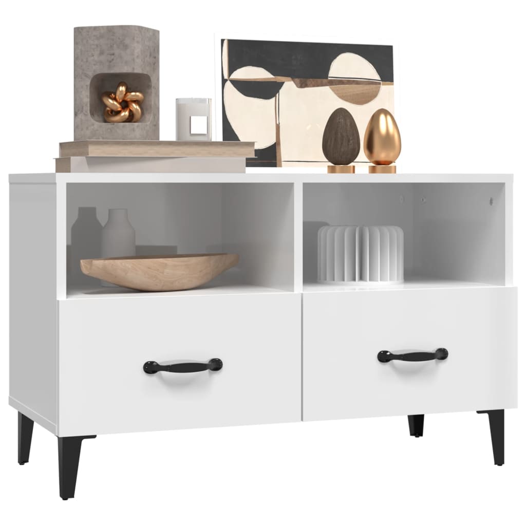 Meuble TV Blanc Brillant et Métal - 80 cm-Mon Meuble TV-Blanc brillant-1-4