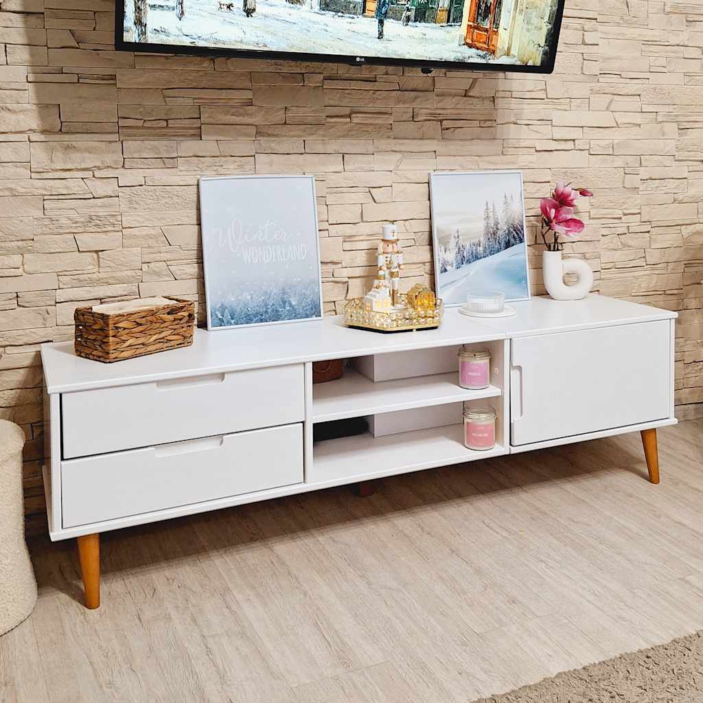Meuble TV Blanc Design en Pin Massif - 158 cm-Mon Meuble TV-Blanc-3