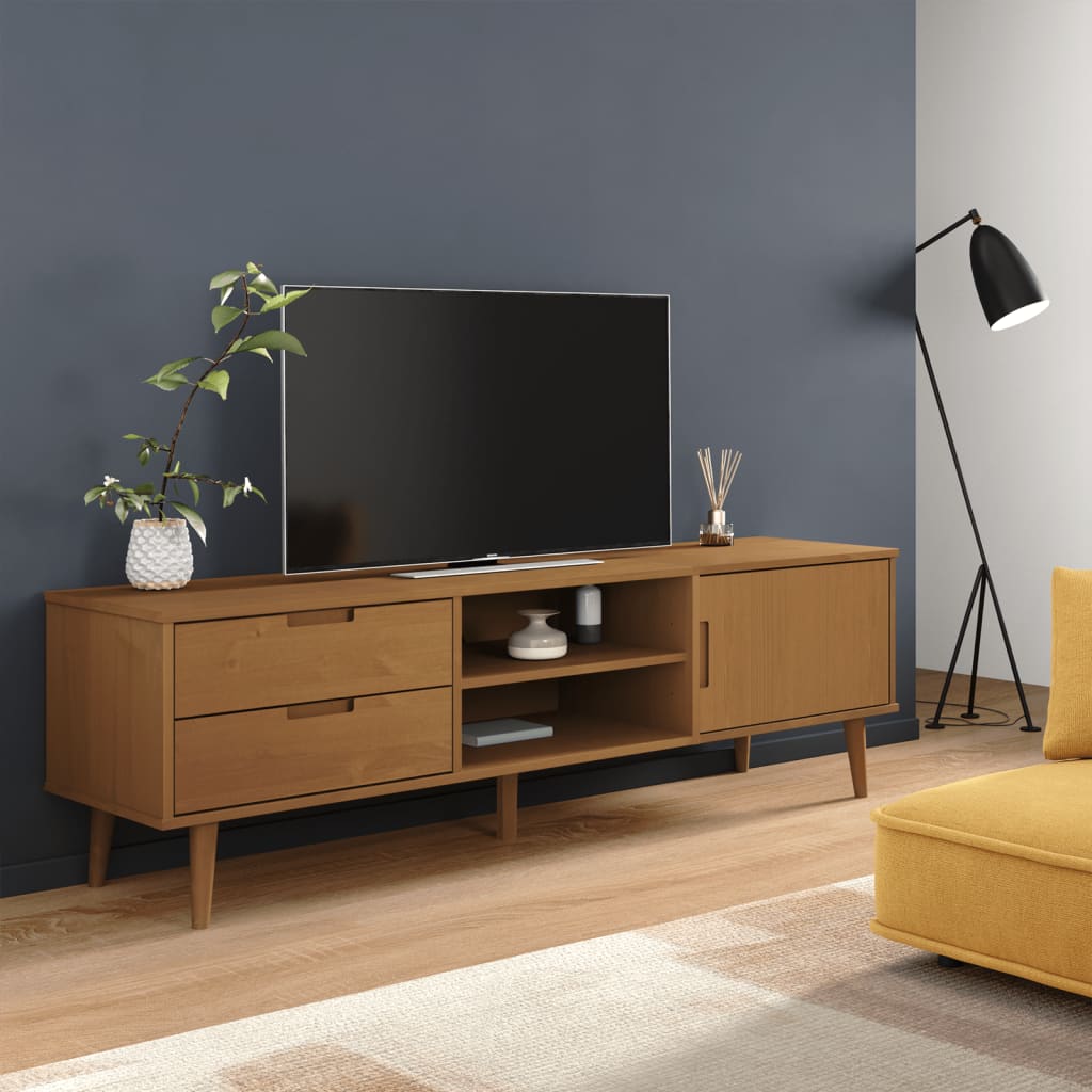 Meuble TV Blanc Design en Pin Massif - 158 cm-Mon Meuble TV-Marron-11