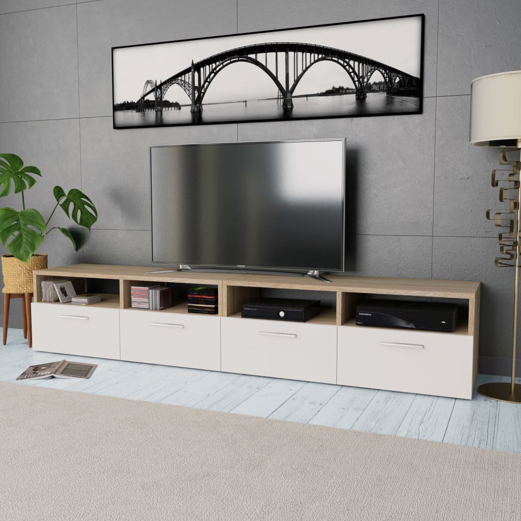 Meuble TV Blanc Mat en Bois d'Ingénierie - 2 Pièces-Mon Meuble TV-Chêne et blanc-2-8