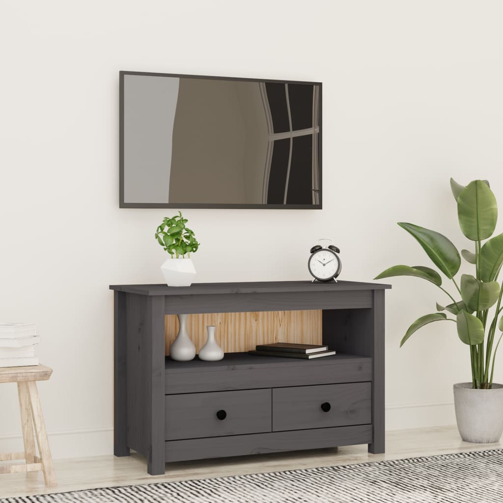 Meuble TV Bois Bas en Pin Massif - 79 cm-Mon Meuble TV-Gris-1-12