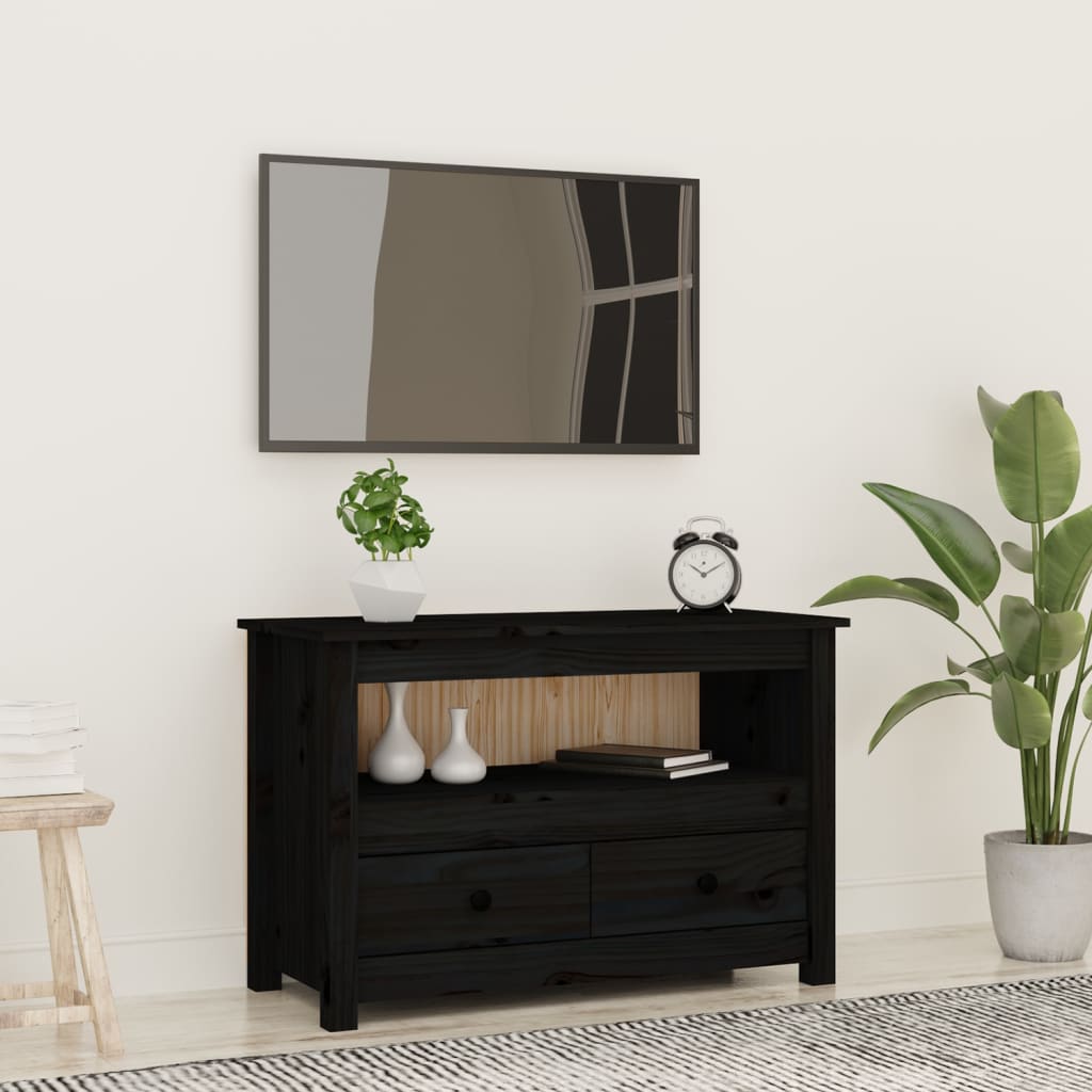 Meuble TV Bois Bas en Pin Massif - 79 cm-Mon Meuble TV-Noir-1-13