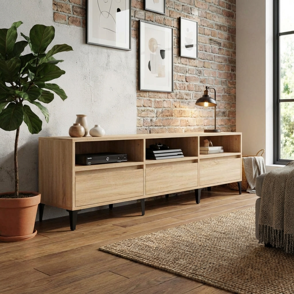 meuble-tv-bois-clair-et-noir-effet-chene-150-cm-decor