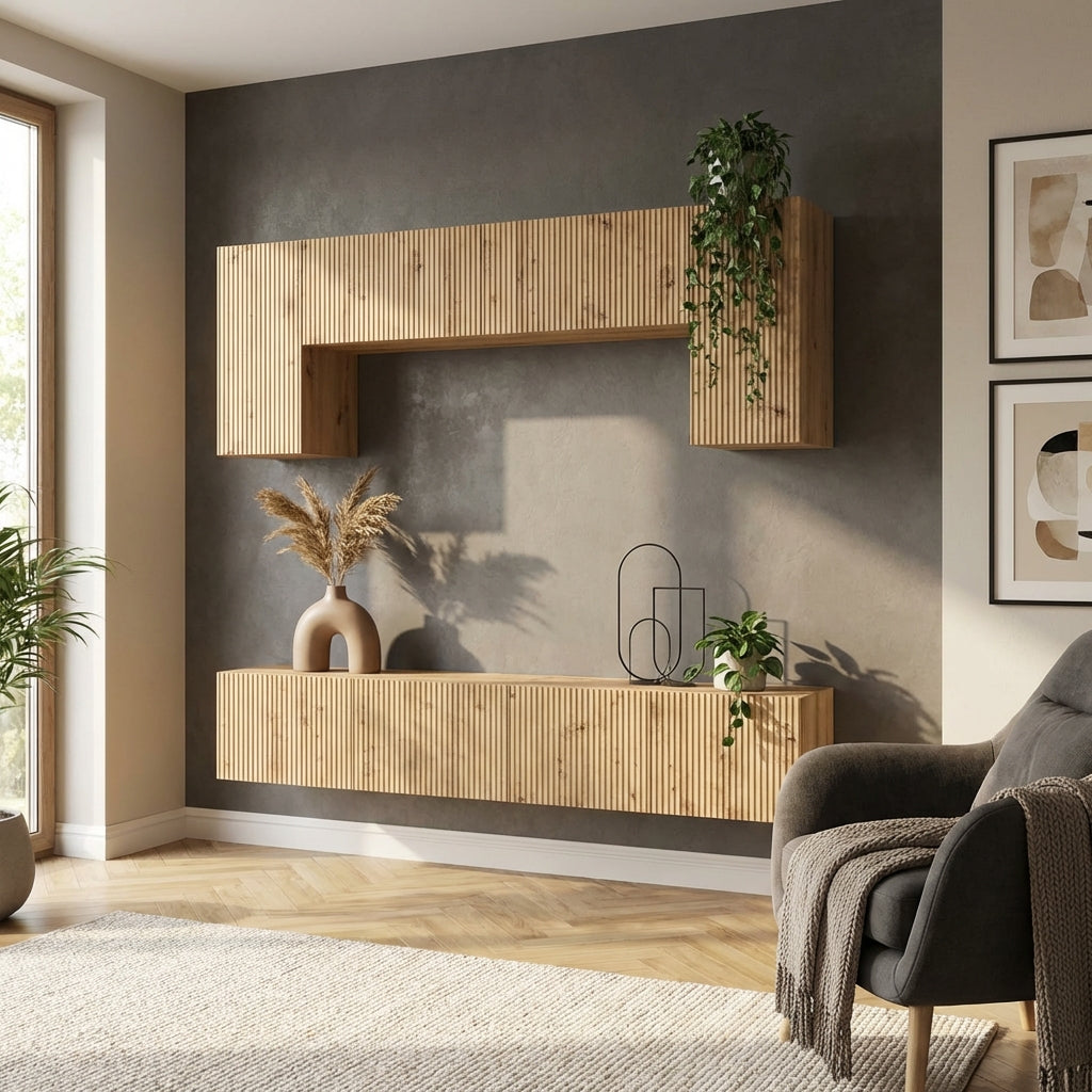 meuble-tv-bois-clair-suspendu-finition-sonoma-4-pieces-decor
