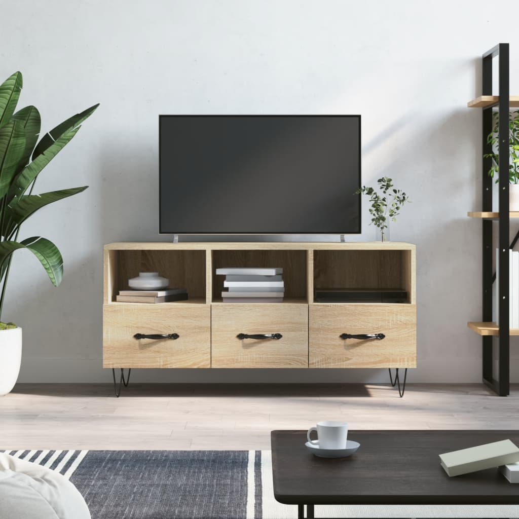 Meuble TV Bois et Fer Industriel Effet Béton - 102 cm-Mon Meuble TV-Chêne sonoma-1-16